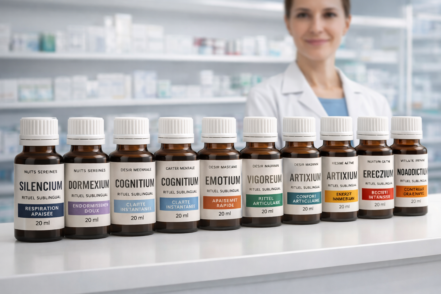 La gamme Rituel Sublingual exposée sur le comptoir d'une pharmacie, avec une pharmacienne en arrière-plan
